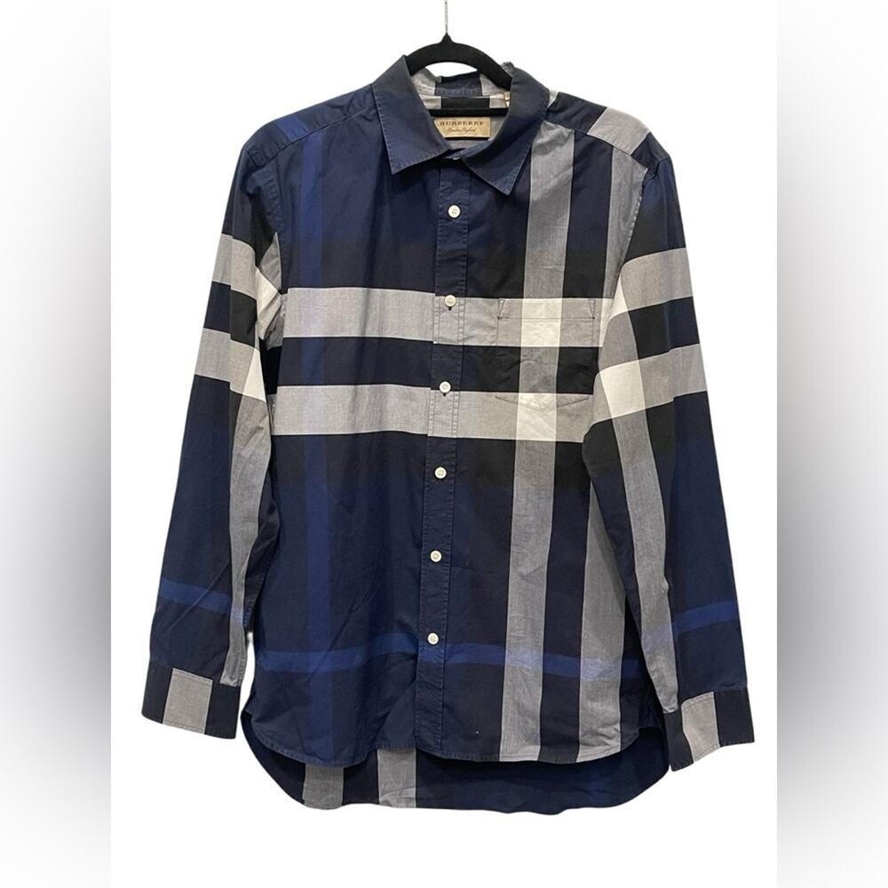 Burberry Navy and White Checkered Shirt Size:M